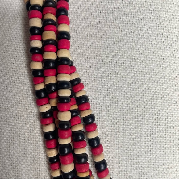 Vintage 1980's Wooden Beaded Necklace Black, Cream,‎ Red Five Strands - Picture 5 of 12